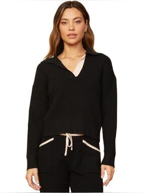 Monrow Supersoft Knit Waffle Polo Black Tan Pullover Top Collared